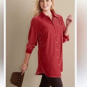 Soft Surroundings Velvet Boyfriend Tunic button down Shirt size small pink red
